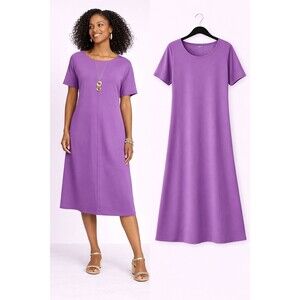 Chicos Fit Flare Cinched Waist Dress Size Large Plum Shade Short Sleeve Stretch